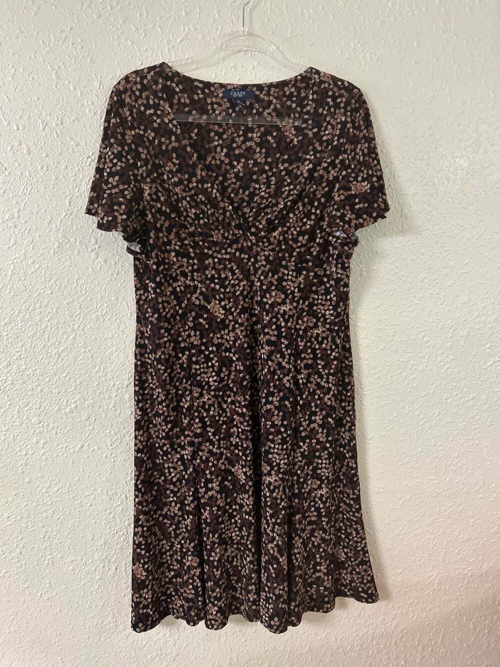 Chaps Women's Brown Dot Print Flutter Sleeve V-Neck Dress XL